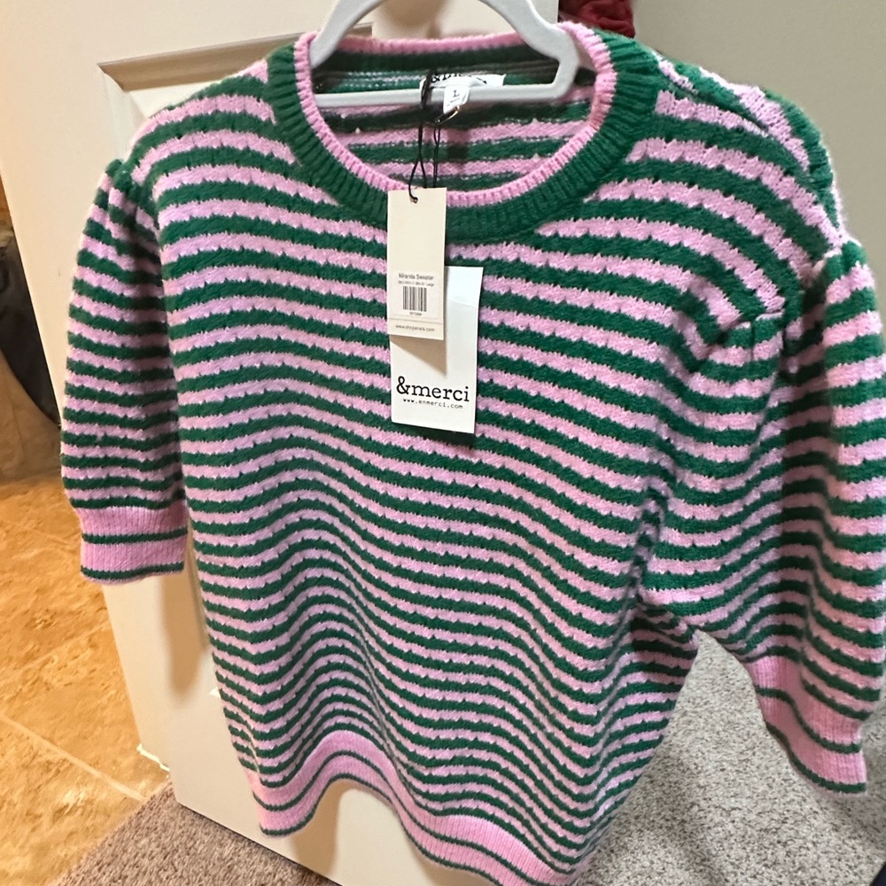 NWT Avara Green and Pink Striped Sweater
